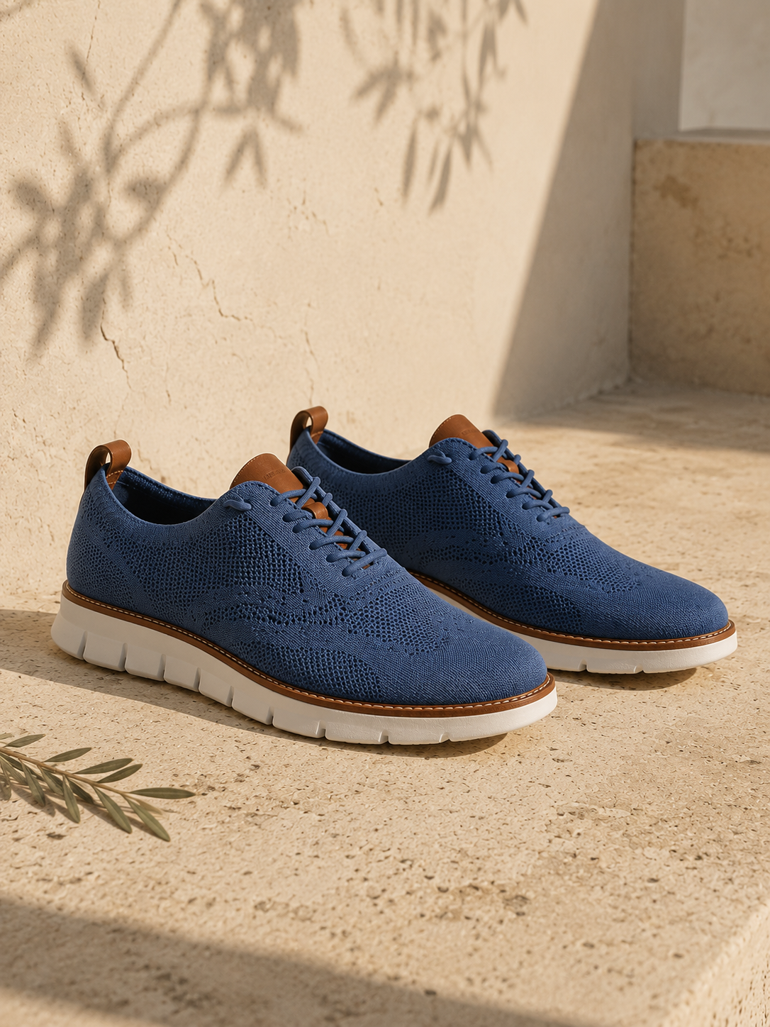 The Capri in Blue — alternate angle, mesh weave and cognac heel detail