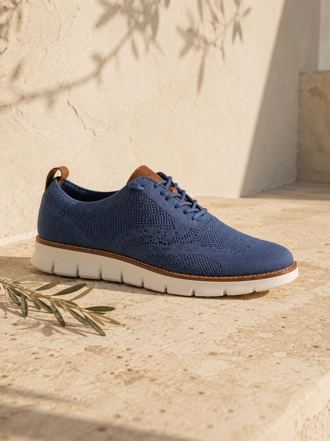 The Capri in Blue — mesh-knit sneaker-oxford, cognac heel loop, white dentellated sole