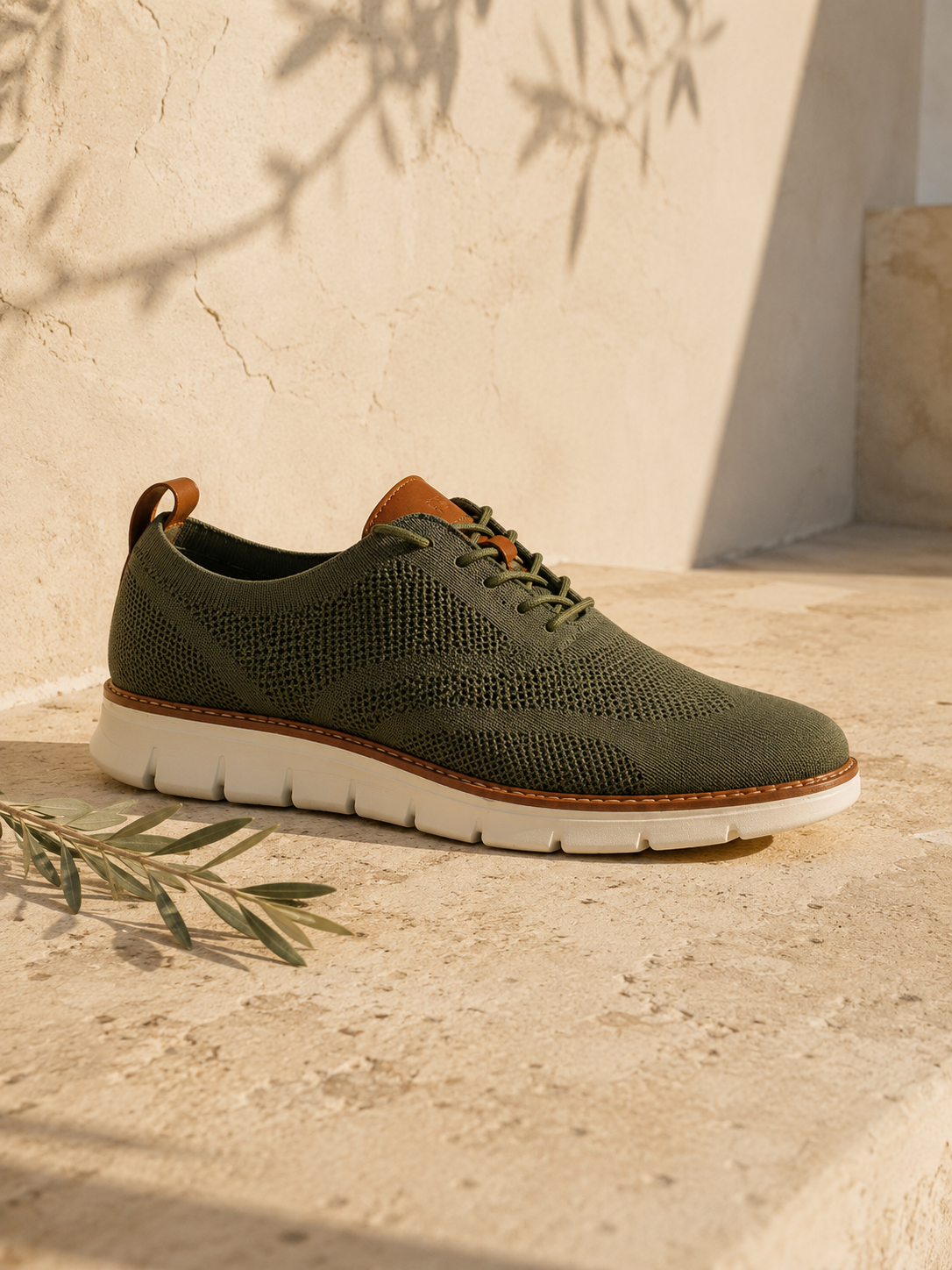 The Capri in Olive — mesh-knit sneaker-oxford, cognac heel loop