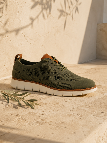 The Capri in Olive — mesh-knit sneaker-oxford, cognac heel loop