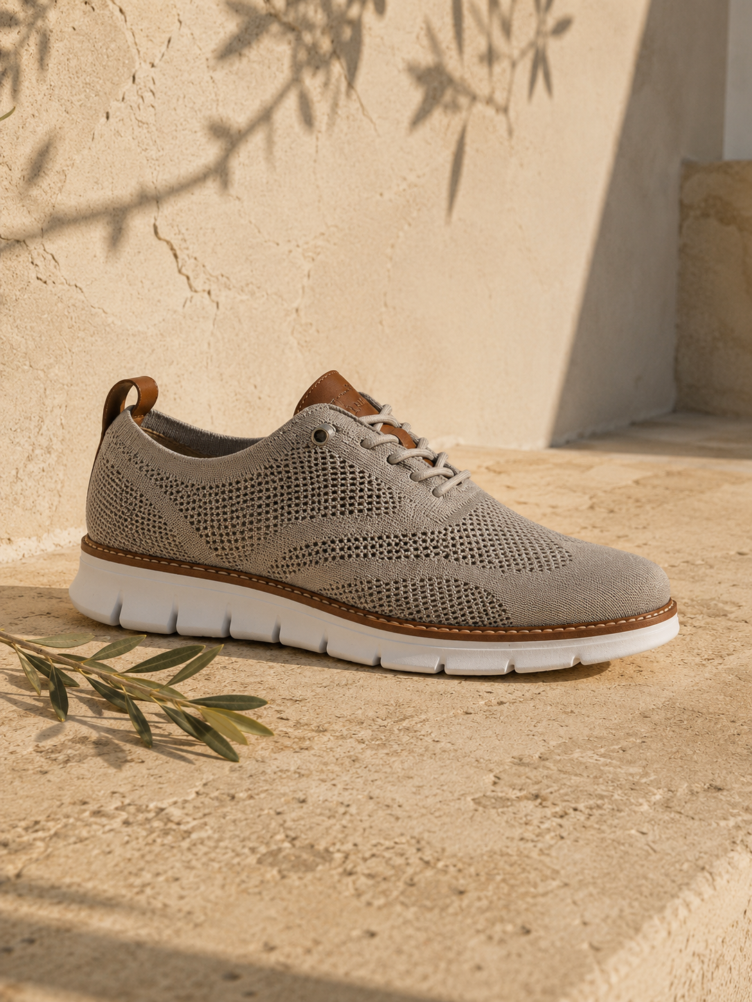 The Capri in Stone — mesh-knit sneaker-oxford, cognac heel loop