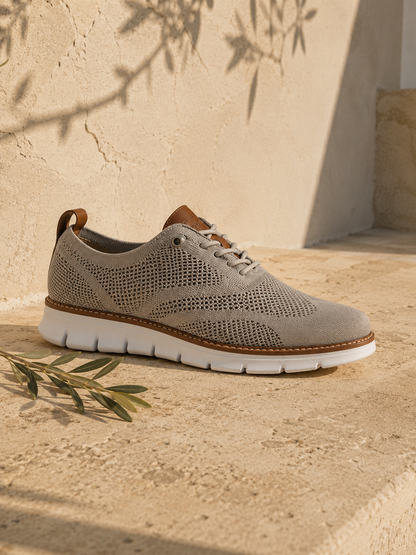 The Capri in Stone — mesh-knit sneaker-oxford, cognac heel loop
