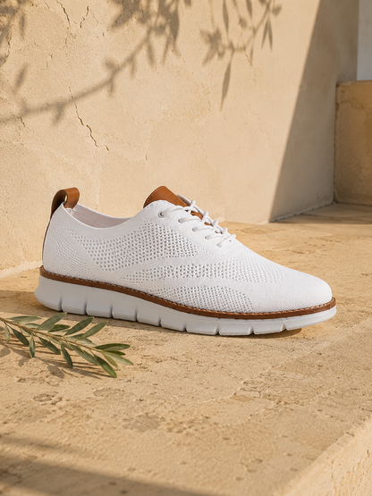 The Capri in White — mesh-knit sneaker-oxford, cognac heel loop